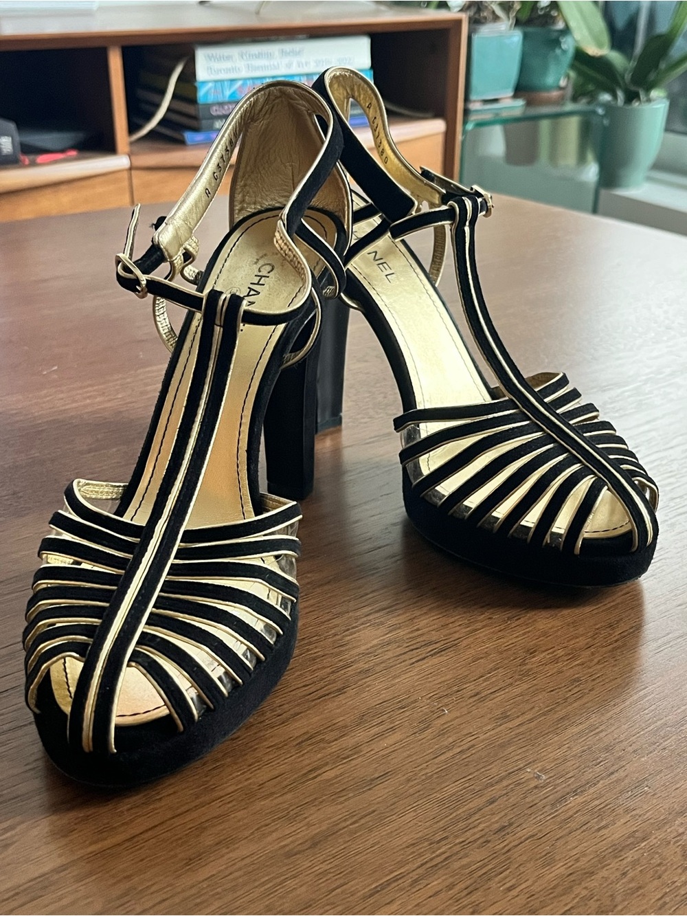 CHANEL Black and Gold T-Strap High Heel Sandals